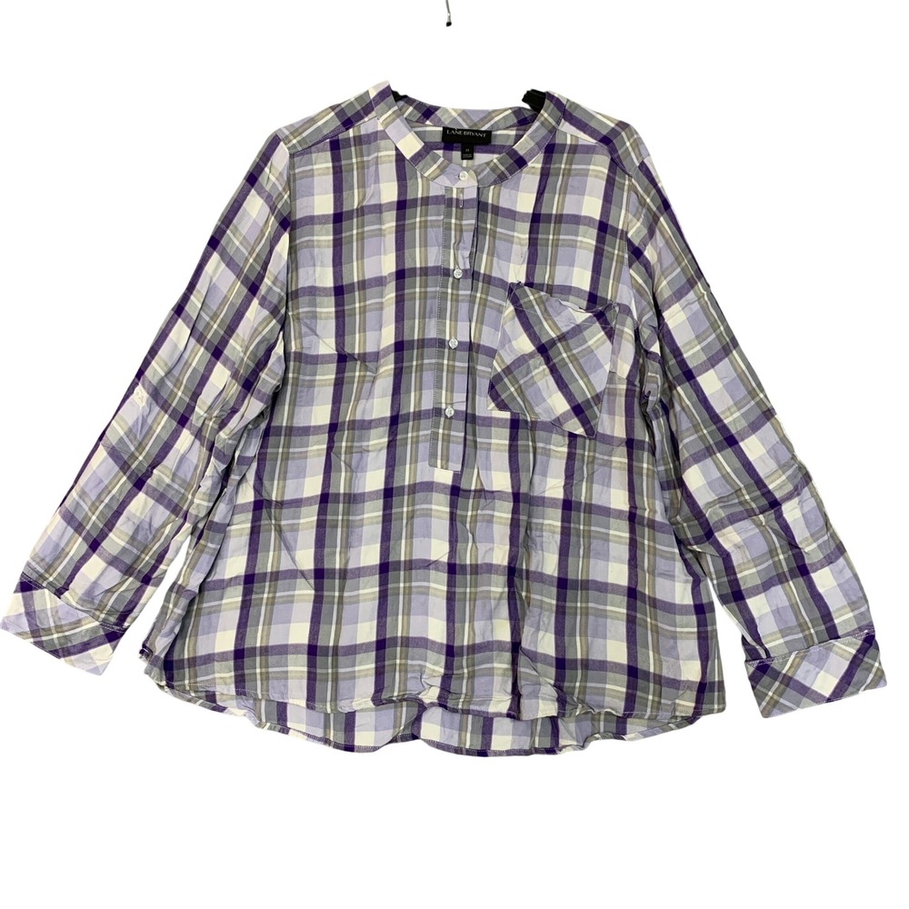 Lane Bryant Women's 22 Purple Plaid Henley Blouse Rayon Flannel